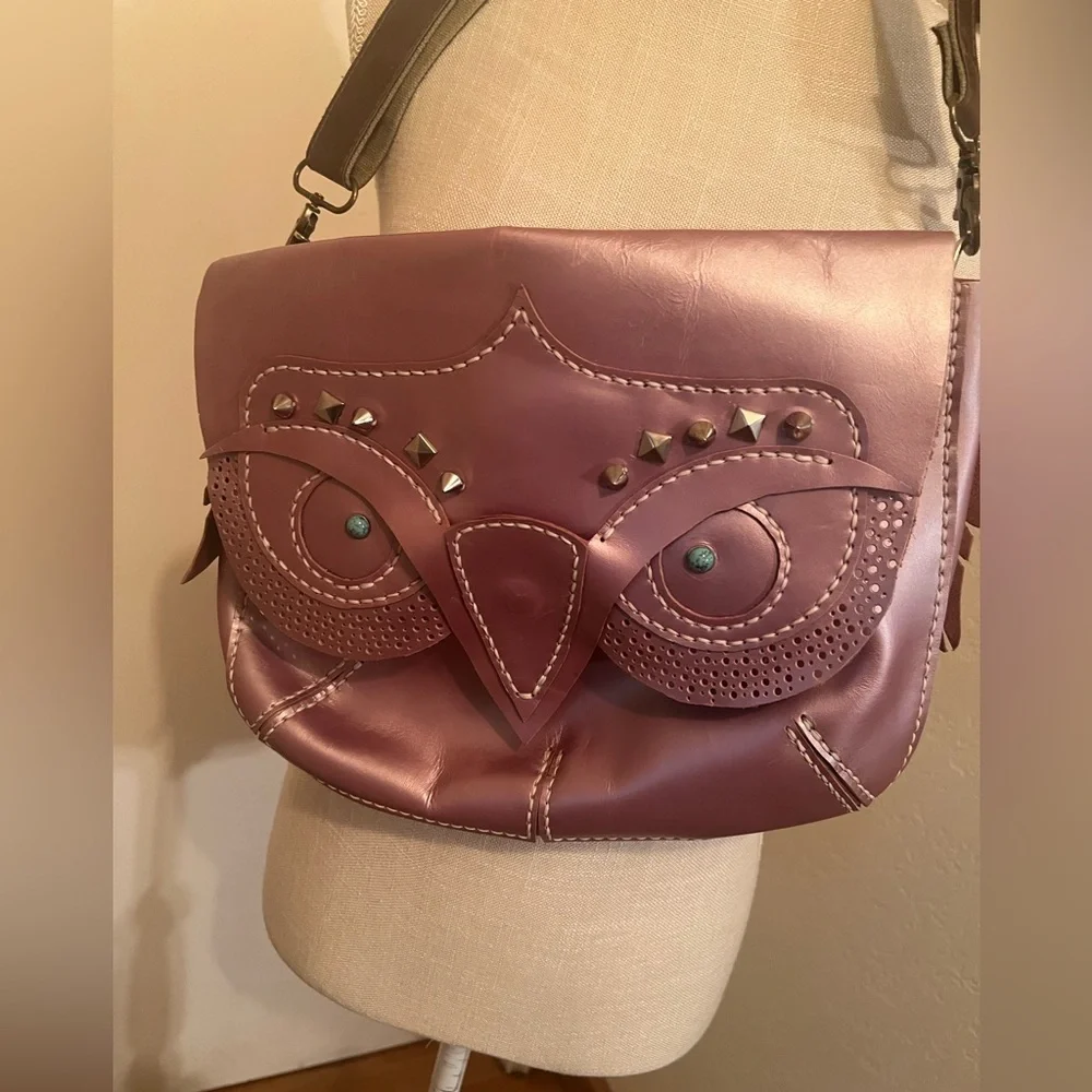 Unique Owl Design leather messenger Bag - Purple/pink